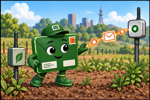 Illustrated scene: A field sensor sends a marked packet toward its usual parent.