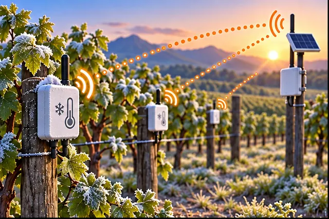 Illustrated scene: Vineyard sensors pass frost readings toward one field receiver.
