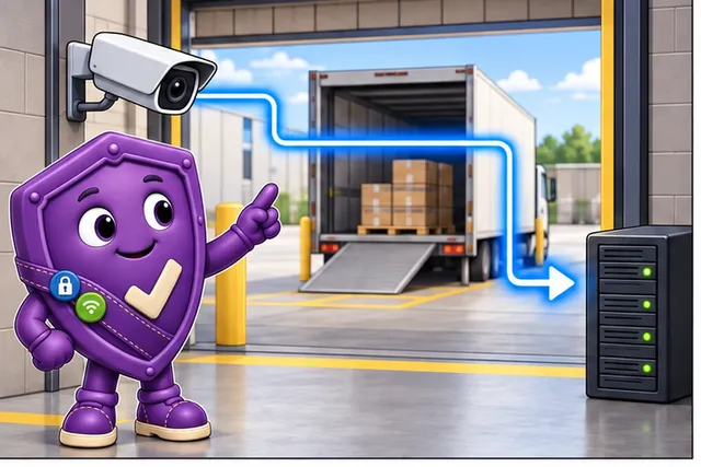 Illustrated scene: A loading-bay camera needs one route for event data.