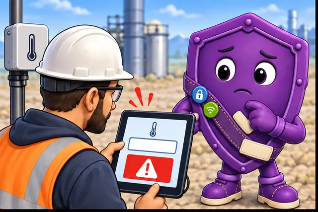 Illustrated scene: A field app accepts an impossible temperature and shows a real alarm.