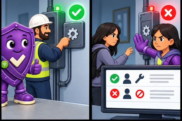 Illustrated scene: A maintainer succeeds while the wrong role is denied and logged.