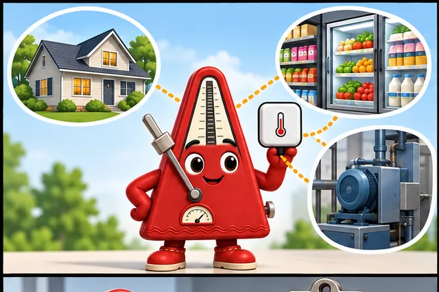 Illustrated scene: One temperature part serves a home, food store, and machine.