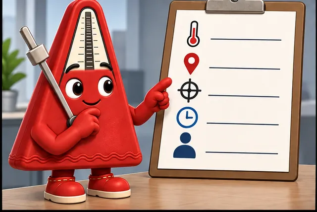 Illustrated scene: Write the condition, place, allowed error, deadline, and person who acts.