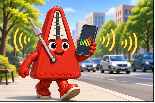 Illustrated scene: A phone measures noise during a short walk.