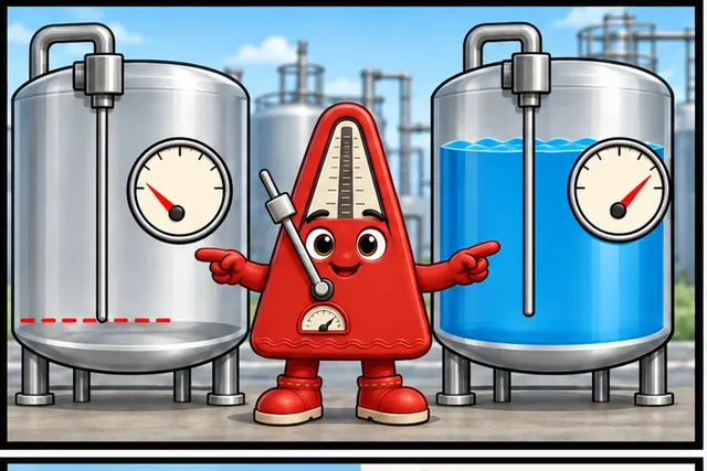Illustrated scene: A tank probe reads five when empty and ninety when full.