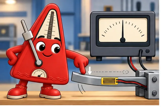 Illustrated scene: A strain gauge changes slightly while its display stays at zero.
