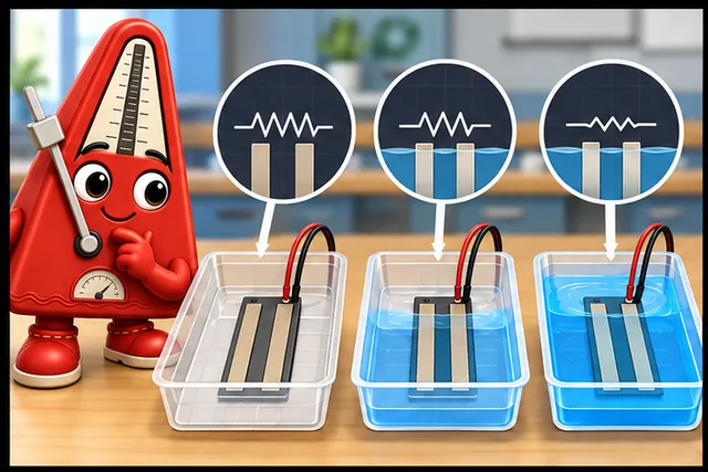 Illustrated scene: A water sensor's resistance changes as its tray fills.