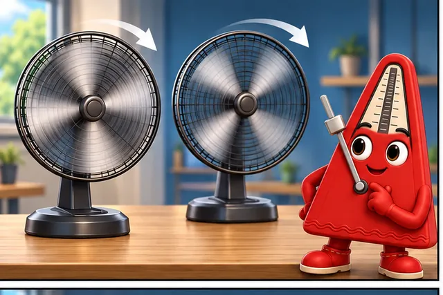 Illustrated scene: A spinning fan seems to slow down while it really speeds up.