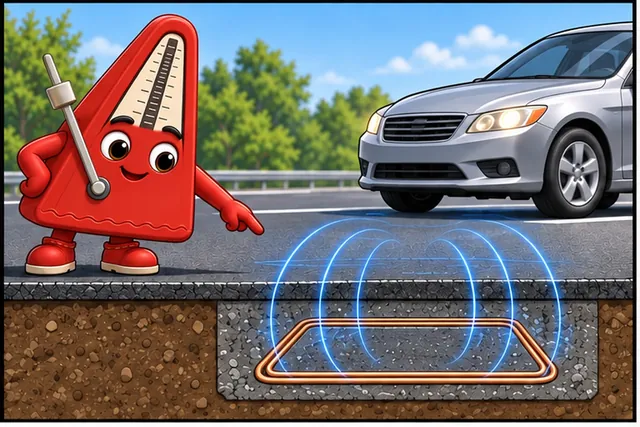 Illustrated scene: A buried road loop changes when metal passes above it.