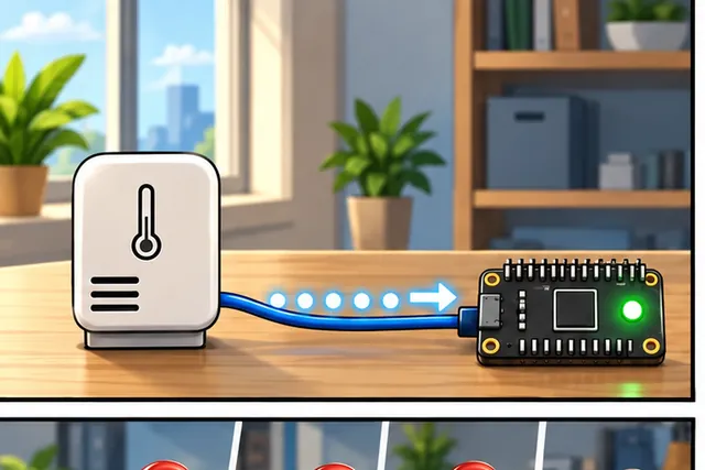 Illustrated scene: A room sensor sends one reading to a small controller.