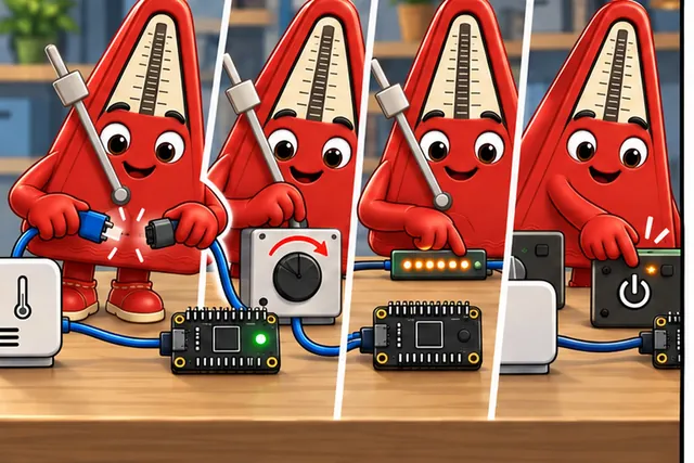 Illustrated scene: Disconnect a wire, change timing, repeat a value, and restart.