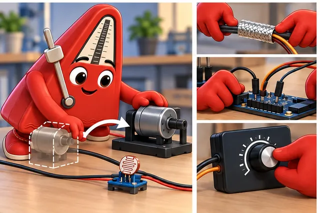 Illustrated scene: Move the motor and change wires, shields, rate, and average size.