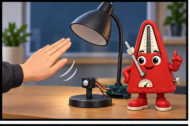 Illustrated scene: A lamp should turn on when a hand moves near its light sensor.