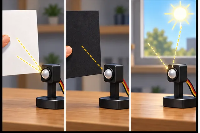 Illustrated scene: Test empty space, pale and dark objects, distance, angle, and sunlight.
