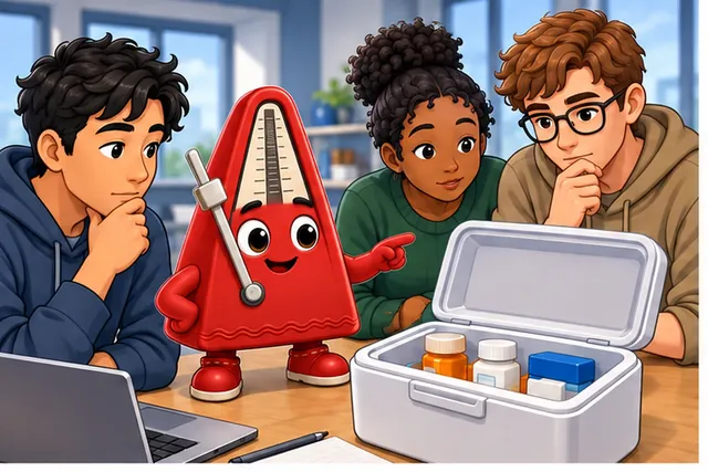 Illustrated scene: A team needs a temperature part for a medicine box.