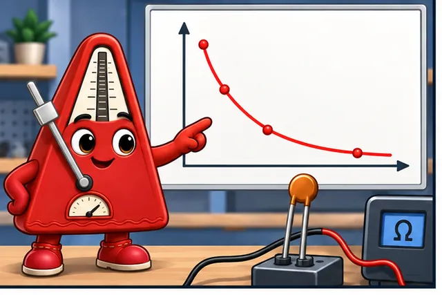 Illustrated scene: A small heat sensor changes resistance along a curved path.