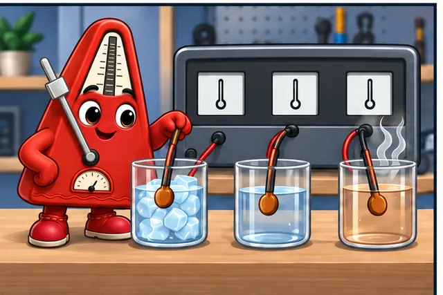 Illustrated scene: Check cold, middle, and warm points against a trusted tool.