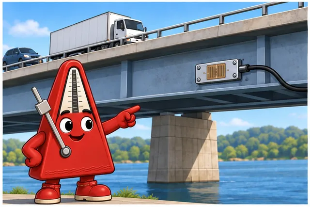 Cartoon panel 1 illustrates this step: A bridge sensor changes with load, heat, age, and mounting stress.