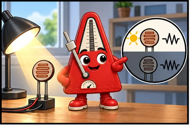 Illustrated scene: A light sensor's raw signal changes its electrical resistance.