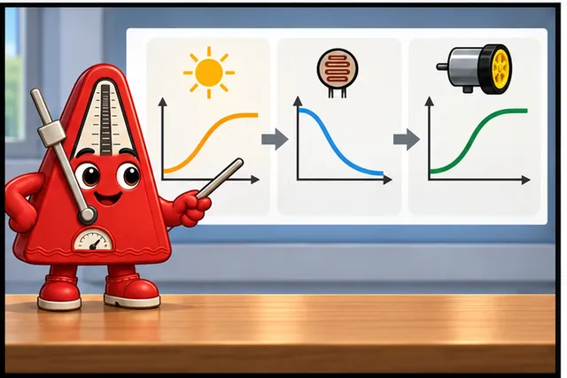 Illustrated scene: Trace the full curve from light through resistance to motor speed.