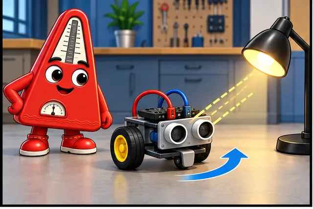 Illustrated scene: A two-sensor robot turns toward a lamp with one wiring rule.