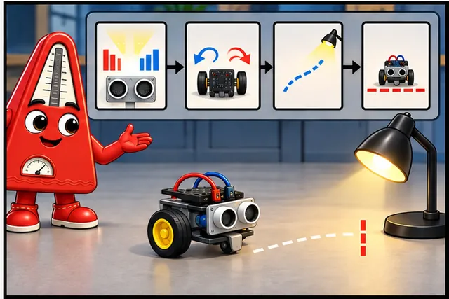 Illustrated scene: Keep the sensor values, motor commands, path, and stop rule.