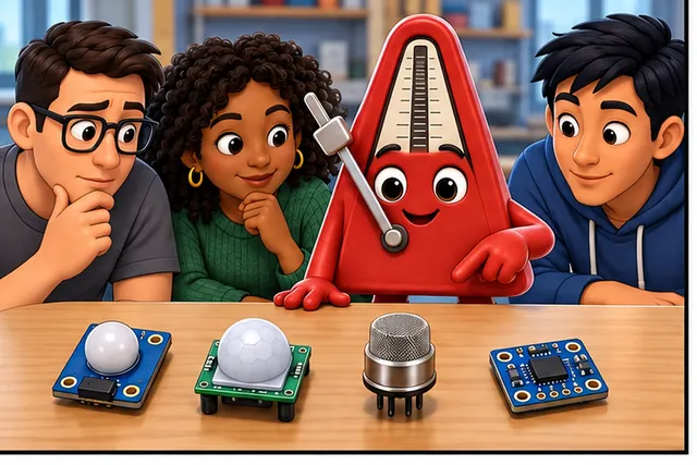 Illustrated scene: A team compares light, motion, chemical, and movement sensors.