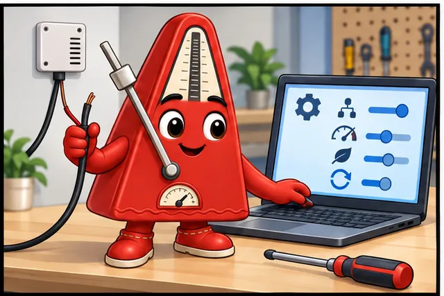 Illustrated scene: Remove wires, change the address and rate, lower power, and restart.