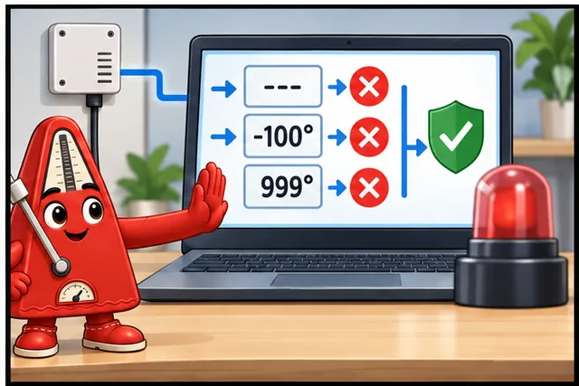 Illustrated scene: Reject missing or impossible values before any alarm or action.