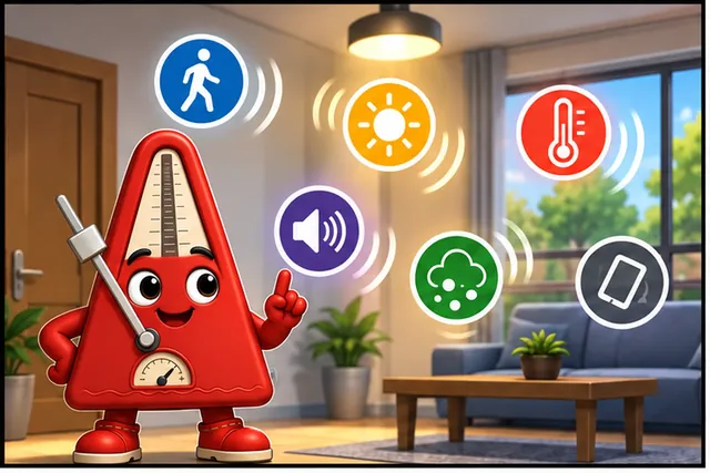 Illustrated scene: A smart room may sense motion, light, heat, sound, gas, or tilt.