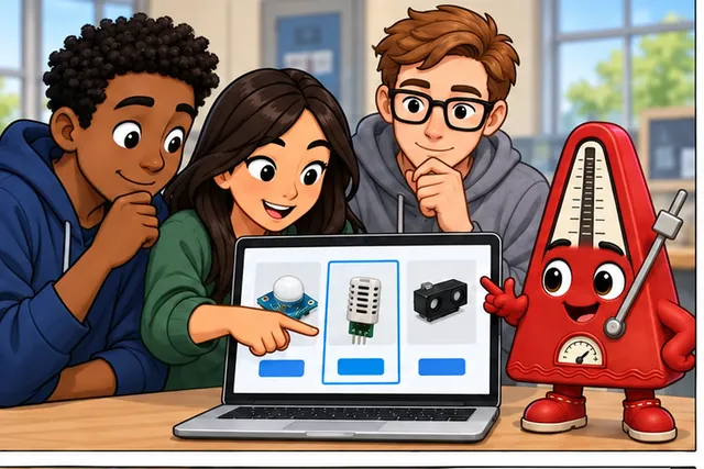 Illustrated scene: A team picks a sensor from one bold number on a sales page.