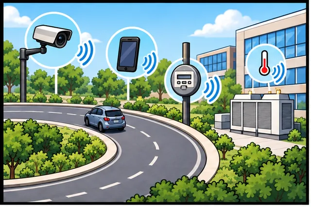 Illustrated scene: A road loop, camera, phone, meter, or building system already senses clues.