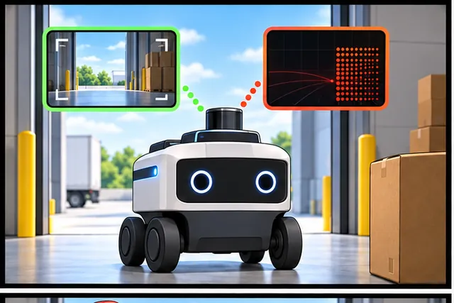 Illustrated scene: A delivery robot enters a bright bay and its two sensors disagree.