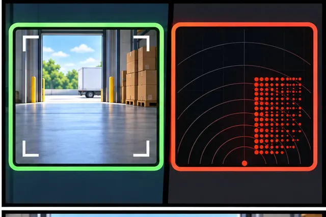 Illustrated scene: The camera sees a clear path while the distance sensor sees an object.