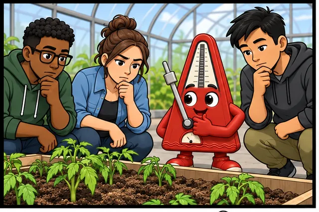 Illustrated scene: A greenhouse team must decide when to water one bed.