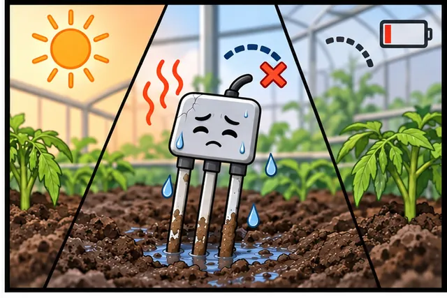 Illustrated scene: A long feature list cannot prove a sensor works in heat and damp soil.