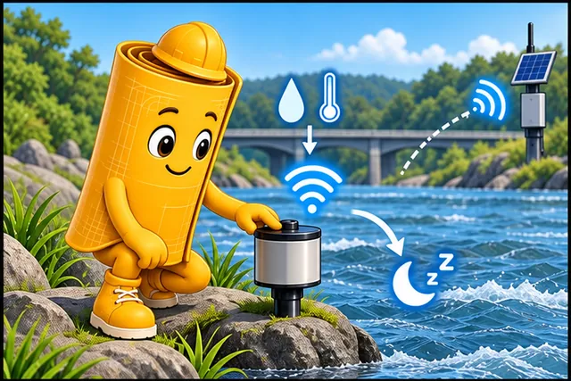 Illustrated scene: A river sensor wakes, measures, sends once, and sleeps.