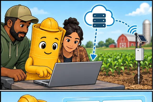 Illustrated scene: A farm team downloads a soil reading from another company.