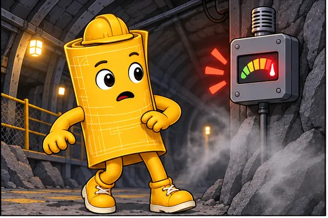 Illustrated scene: A mine gas reading crosses a danger limit near a worker.