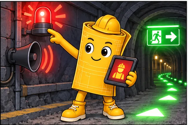 Illustrated scene: Trigger the local light, sound, worker message, and route to safety first.