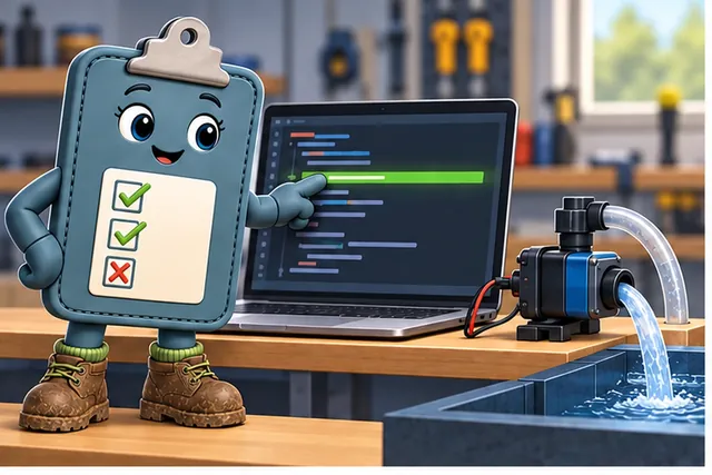 Illustrated scene: One changed line controls a pump on a real device.