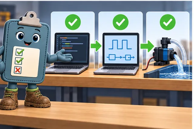 Illustrated scene: Run the change through code checks, a model, and the real target as needed.