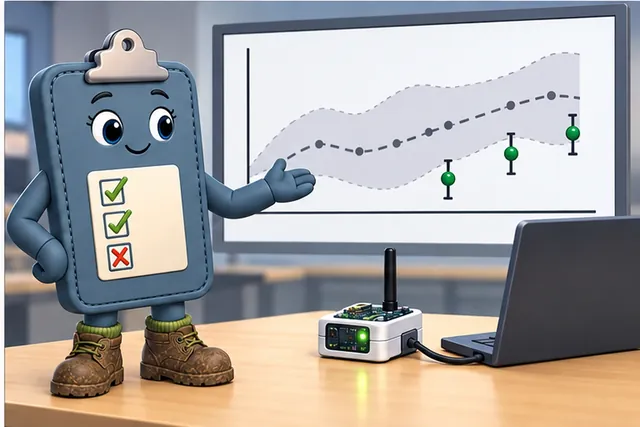 Illustrated scene: A small real-device check bounds what the model result can prove.