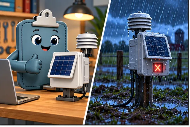 Illustrated scene: A farm monitor works on a desk but fails after a cold wet night.