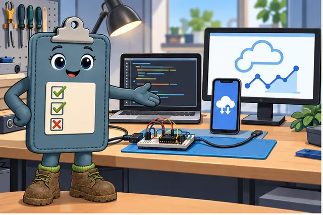 Illustrated scene: A full device test needs a bench, fresh code, a phone, cloud data, and a screen.