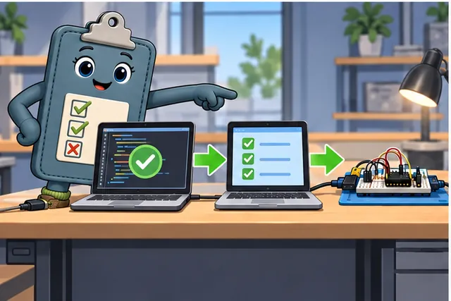 Illustrated scene: Put cheap code checks first and save hardware tests for physical claims.