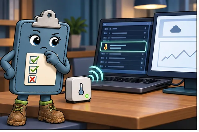 Illustrated scene: A temperature reading appears in the device log but not on the dashboard.