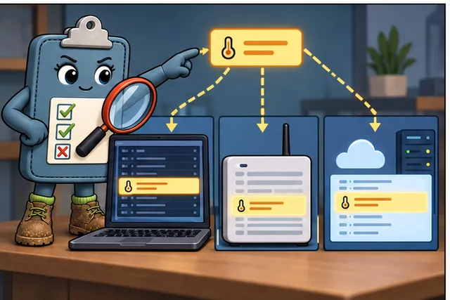 Illustrated scene: Mark one message and compare the device, bridge, and service records.