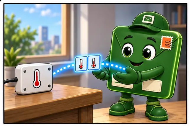 Illustrated scene: A small sensor sends a two-byte temperature reading.