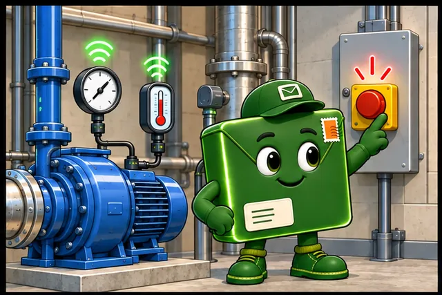 Illustrated scene: A pump site has routine readings and an urgent local stop.